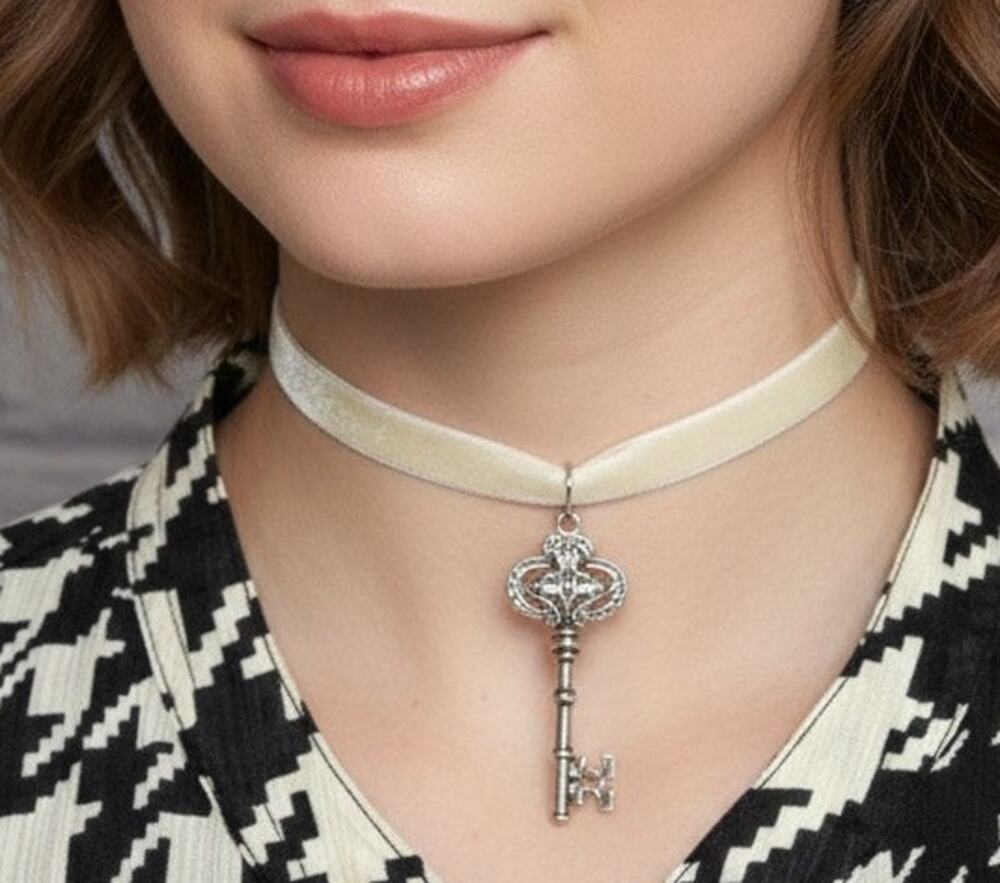 Handmade Ivory Velvet Skeleton Key Choker Necklace